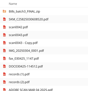 Eleven of 47 scanned bill files as a client sends them, with scan0043.pdf sitting beside scan0043 - Copy.pdf